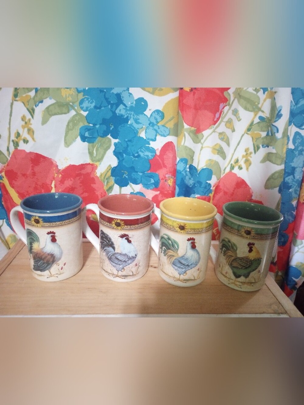 Gibson Rooster Mugs Set with Blue, Red, Yellow & Green Interiors